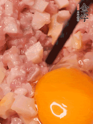 豬肉末、咸肉丁，分次加蔥姜水，一勺糖、一丟白胡椒，春筍丁，打入一個雞蛋